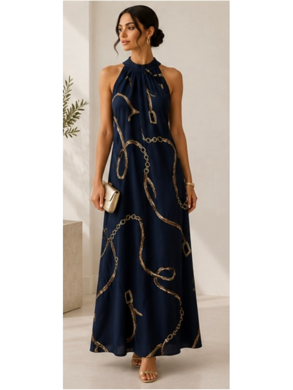 navy blue dress gold necklace Ralph Lauren Women's Belting-Motif Sequined Crepe Halter Gown Pinterest Classic Evening Prom Dresses 2018